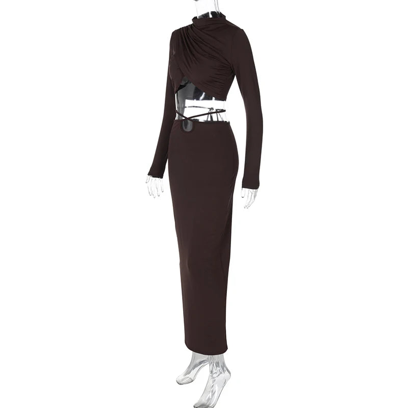 Sexy Skirt Two Pieces Sets For Women Long Sleeve Lace-up Crop Top And Long Skirt Elegant Bodycon Sexy Two Pieces Sets