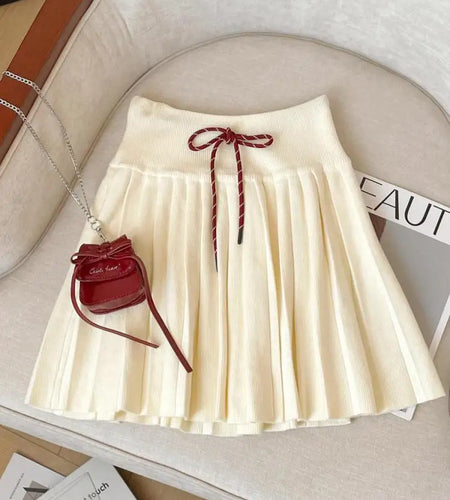 Korean Version Women Black Beige Sexy Club Vacation Short Skirt Autumn Winter Brown High Waist Drawstring Lace-up Pleated Skirts