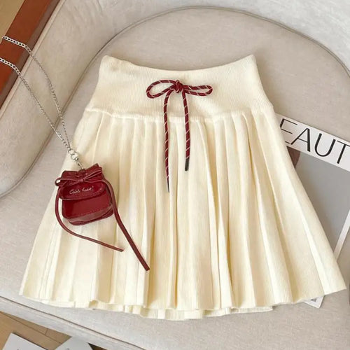 Load image into Gallery viewer, Korean Version Women Black Beige Sexy Club Vacation Short Skirt Autumn Winter Brown High Waist Drawstring Lace-up Pleated Skirts
