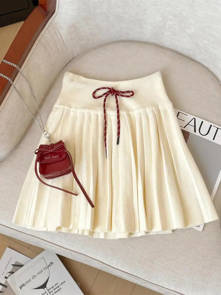 Korean Version Women Black Beige Sexy Club Vacation Short Skirt Autumn Winter Brown High Waist Drawstring Lace-up Pleated Skirts