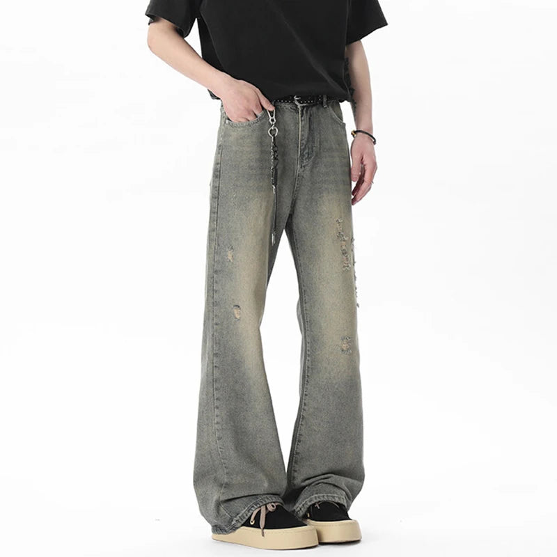 Men's Jeans New Summer American High Street Style Washed Micro Flared Trendy Gradient Color Simple Male Clothing 9W1807