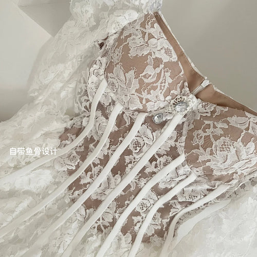 Load image into Gallery viewer, French Vintage Women's White Lace Elegant Backless Pleated Short Dress 2025 Spring Long Sleeves Slim Birthday Party Dress Trendy
