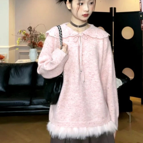 Load image into Gallery viewer, Y2k Aesthetic Women Sweet Fur Patchwork Sweaters Grunge Sailor Collar Bandage Jumpers Loose Knitted Harajuku Pullovers Female
