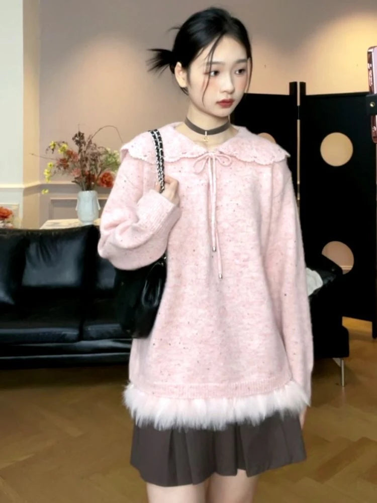 Y2k Aesthetic Women Sweet Fur Patchwork Sweaters Grunge Sailor Collar Bandage Jumpers Loose Knitted Harajuku Pullovers Female