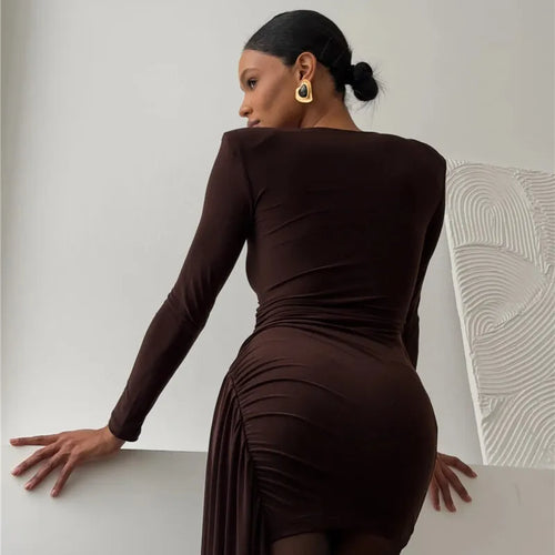 Load image into Gallery viewer, Long Sleeve Draped Ruched Sexy Maxi Dress For Women Gown Fashion Solid O Neck Bodycon Club Elegant Mini Dress Vestido
