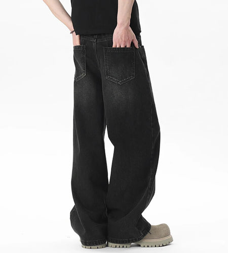 Men's Jeans Washed Amercican Hign Street Trendy Cat Whisker Design Wide Leg Male Denim Pants Solid Color Bottoms 9W1659