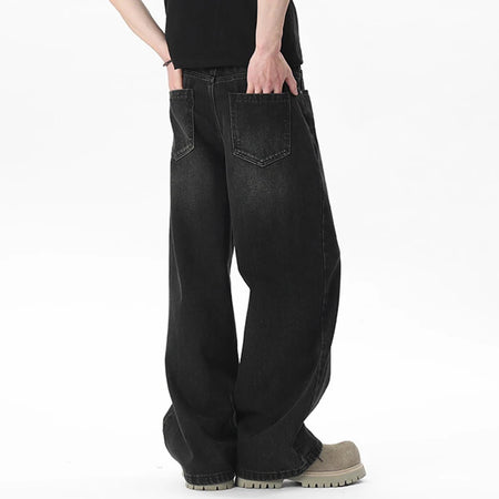 Men's Jeans Washed Amercican Hign Street Trendy Cat Whisker Design Wide Leg Male Denim Pants Solid Color Bottoms 9W1659