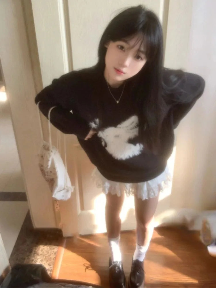 Y2k Aesthetic Vintage Kawaii Sweater Pullover 2025 New Autumn Winter Cartoon Jacquard Tops Women Streetwear Grunge Fairy Jumpers