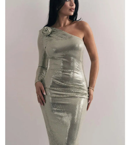 Elegant Long Sleeved Sloping Shoulder Sequin Bodycon Party Evening Dress Women Sexy Tight Backless 3D Flower Vestidos