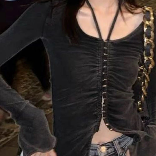 Load image into Gallery viewer, Autumn Black Sexy Halter Streetwear Tees Single Breasted Pleated Harajuku Slim Tops Grunge Split Women T-shirts Y2k Aesthetic
