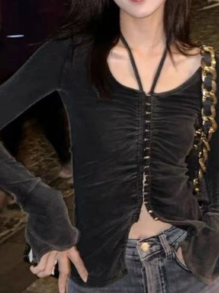 Autumn Black Sexy Halter Streetwear Tees Single Breasted Pleated Harajuku Slim Tops Grunge Split Women T-shirts Y2k Aesthetic