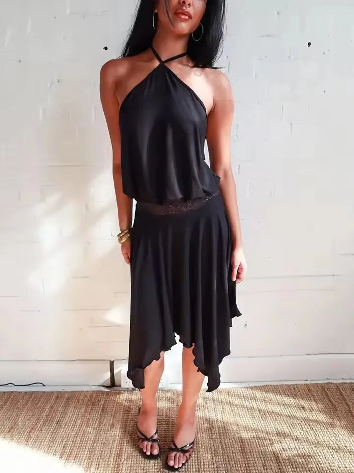 Halter Backless Sexy Mini Dress Women Robe Fashion Summer New Lace Patchwork Sleeveless Pleated Ruffled Club Dress