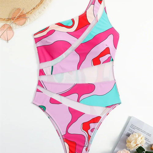 Load image into Gallery viewer, Mesh One Shoulder One Piece Swimsuit Bandeau Swimwear for Women Sexy Bathing Suit High Waist Monokini Bodysuit
