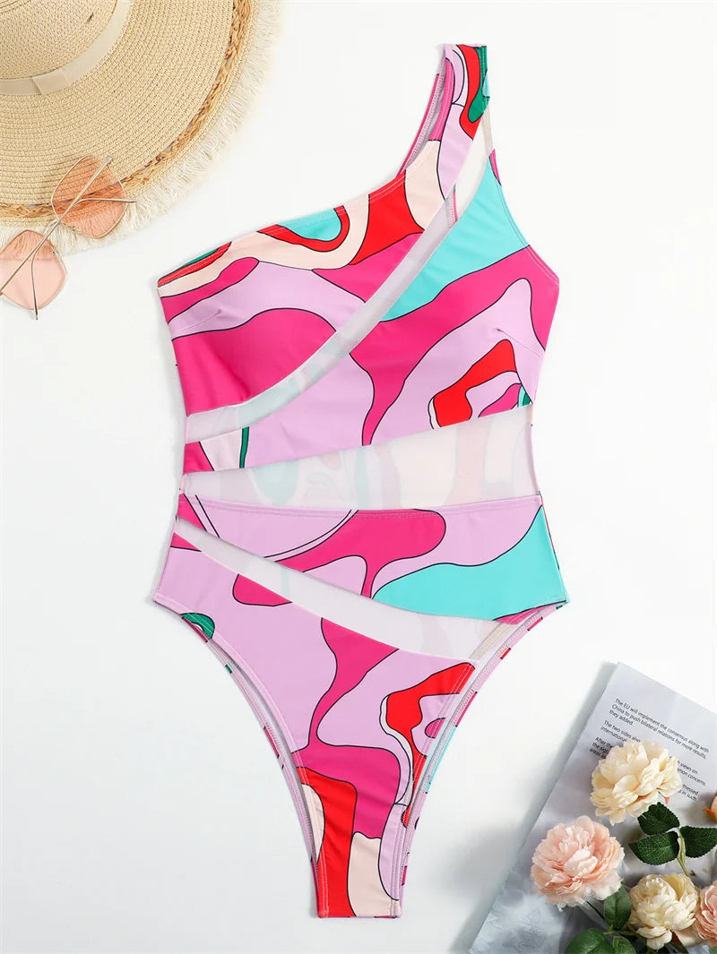 Mesh One Shoulder One Piece Swimsuit Bandeau Swimwear for Women Sexy Bathing Suit High Waist Monokini Bodysuit