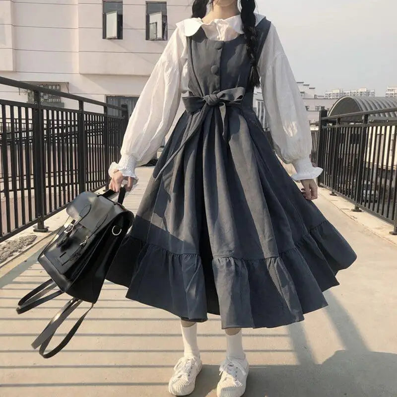 Kawaii Lolita Style Dress Ruffle Japanese Harajuku Cute Oversize Sashes Midi Dress Summer Sundress Sleeveless