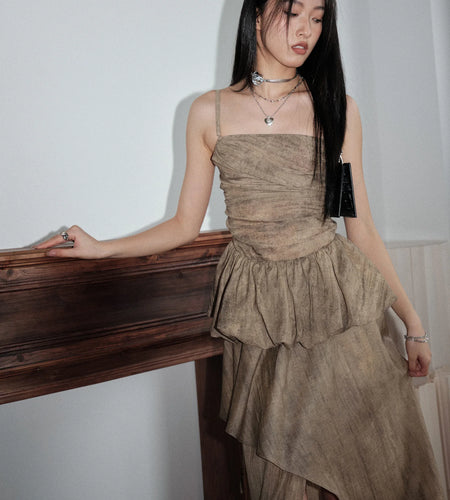 Khaki Ruffles Tank Top Skirt Two Pieces Suit New Square Collar Sleeveless Women Fashion Tide Spring Summer 2025 1DJ1459