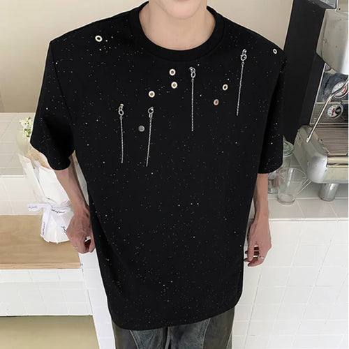 Load image into Gallery viewer, Niche Design Men&#39;s T-shirt Round Collar Short Sleeve Loose Male Tassel Rivet Shoulder Pad Male T-shirts Casual Tees 9C6251
