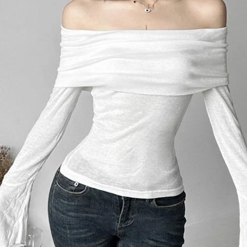 Load image into Gallery viewer, Y2k Aesthetic Women Translucence Tee Shirts Slash Neck Long Sleeve Solid Casual T-Shirts Vintage Off Shoulder Sexy Cute Tshirts
