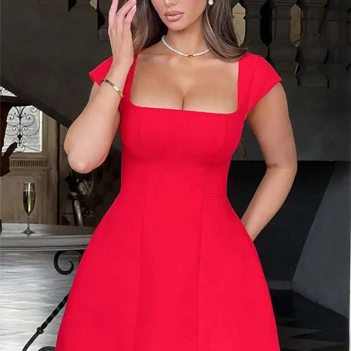 Load image into Gallery viewer, Square Collar Short Sleeve Mini Dress For Women Robe New Fashion Solid A-line Loose High Waist Short Dress Elegant
