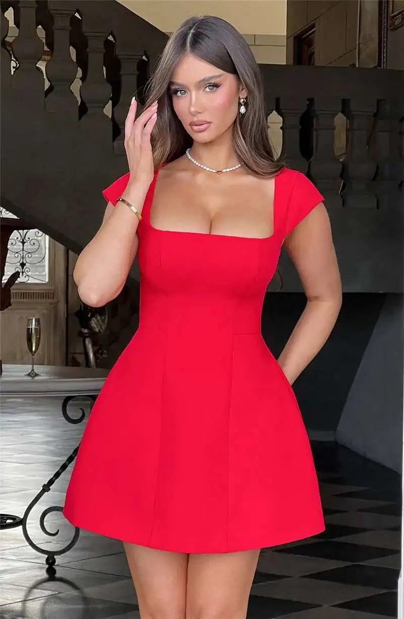 Square Collar Short Sleeve Mini Dress For Women Robe New Fashion Solid A-line Loose High Waist Short Dress Elegant