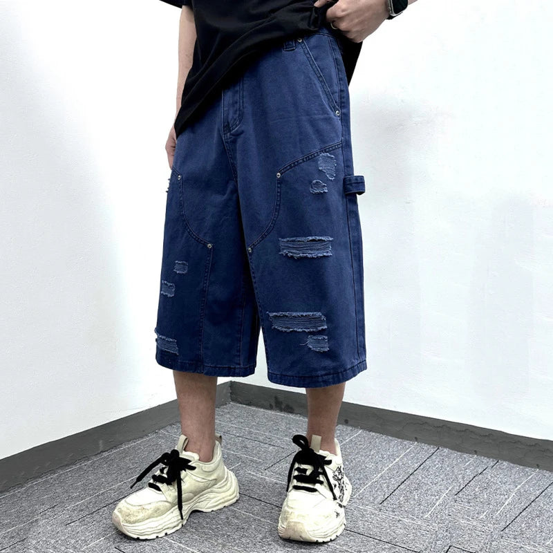 Men's Cargo Shorts New American Hip Hop Style Worn-out Hole Design Large Silhouette Multi Pockets Trendy Male Pants 9W1768