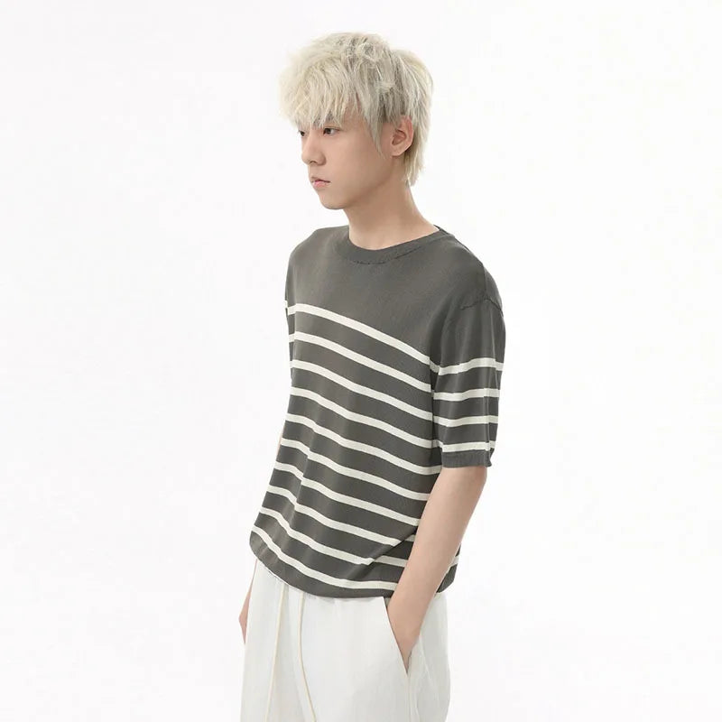 Summer Men's T-shirts Short Sleeve New Korean Striped Contrast Color Pullover Round Neck Casual Simple Male T-shirt 9W1601