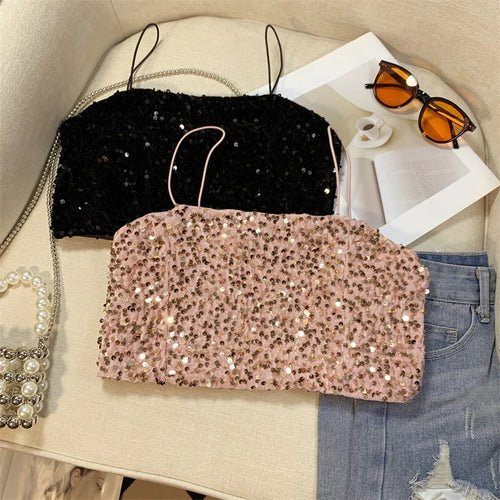 Load image into Gallery viewer, Summer Women&#39;s Black Spaghetti Strap Sequined Camisole Fashion Shiny Pink Cropped Sleeveless Sexy Slim Short Tanks Tops New
