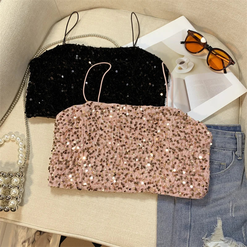 Summer Women's Black Spaghetti Strap Sequined Camisole Fashion Shiny Pink Cropped Sleeveless Sexy Slim Short Tanks Tops New