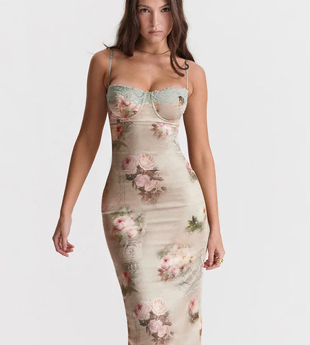 Spaghetti Strap Lace Print Midi Dress For Women Robe Strapless Backless High Waist Bodycon Club Party Long Dress