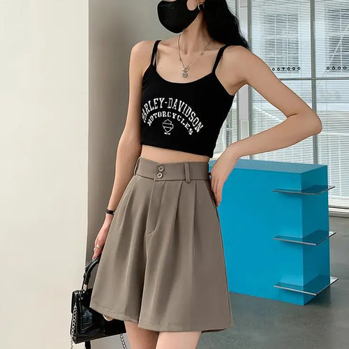 Load image into Gallery viewer, Summer Fashion Black Gray Casual Loose Wide Leg A-line Shorts Women Brown High Waist Elegant Lady Pleated Short Pants
