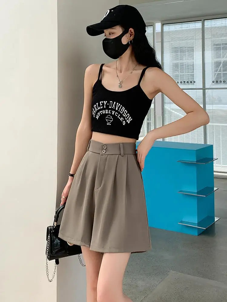 Summer Fashion Black Gray Casual Loose Wide Leg A-line Shorts Women Brown High Waist Elegant Lady Pleated Short Pants