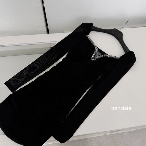 Load image into Gallery viewer, Autumn Vintage Fashion Black Mesh Square Neck Elegant Pleated Short Dress Women Brown Diamonds Long Sleeves Festival Party Dress
