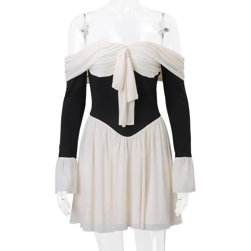 Elegant Strapless Backless Sexy Mini Dress For Women New Off-shoulder Long Flare Sleeve Pleated Club Party Dress