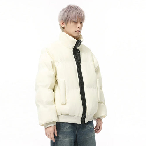 Load image into Gallery viewer, Korean Style Men&#39;s Padded Jackets Stand Collar Big Zipper PU Leather Solid Color Thickened Loose Male Cotton Coats 9C9345

