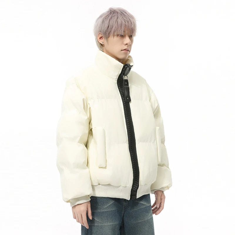 Korean Style Men's Padded Jackets Stand Collar Big Zipper PU Leather Solid Color Thickened Loose Male Cotton Coats 9C9345