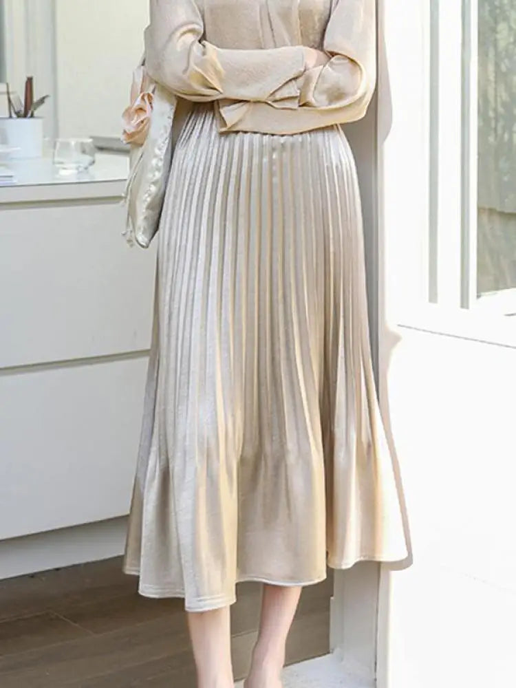 French Fashion Women Solid Elegant Festival Pleated Long Skirt Spring Summer Elastic High Waist Office Lady Skirts Popular Trend