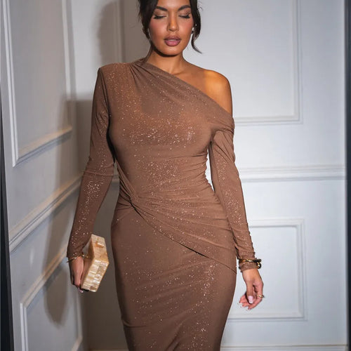 Load image into Gallery viewer, Sparkle Long Sleeve Sexy Maxi Dress For Women Inclined Shoulder Backless Bodycon Ruched Club Party Sexy Long Dress
