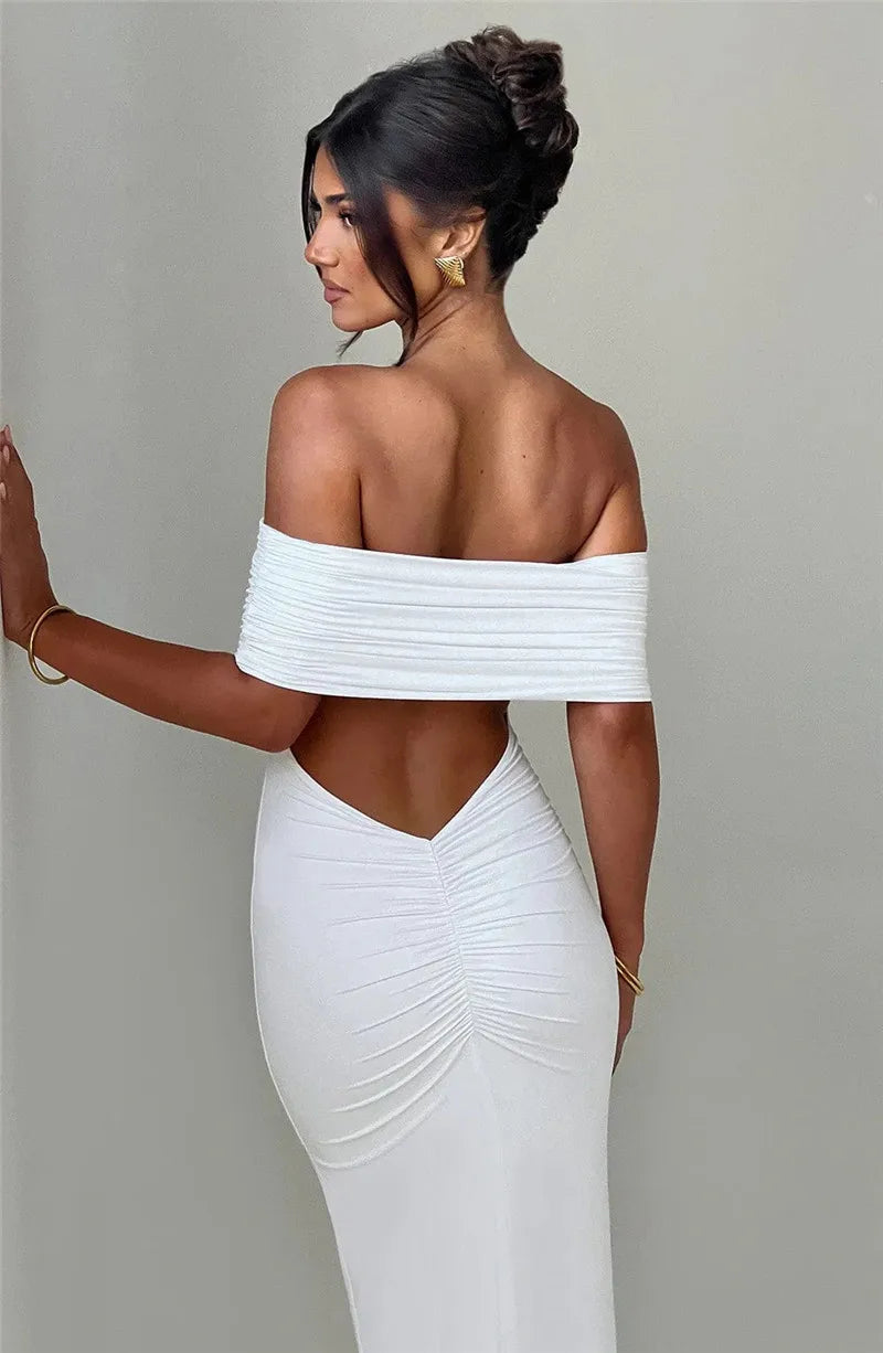 Strapless Backless Sexy Maxi Dress For Women Black Solid Off-shoulder Sleeveless Bodycon Club Party Long Dress Elegant