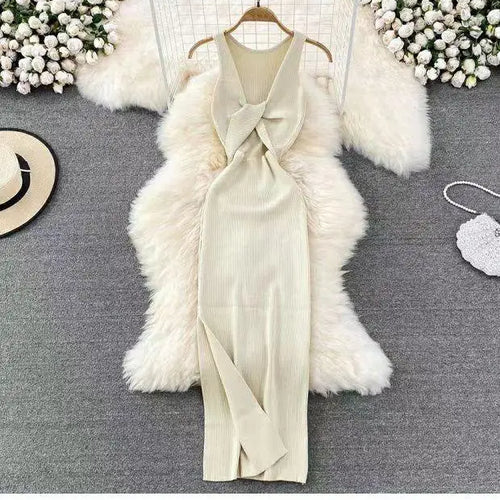 Load image into Gallery viewer, Fashion Women's Solid V Neck Elegant Sexy Club Slim Vest Long Dress Summer Vacation Backless Sleeveless Split Knitted Dress Chic
