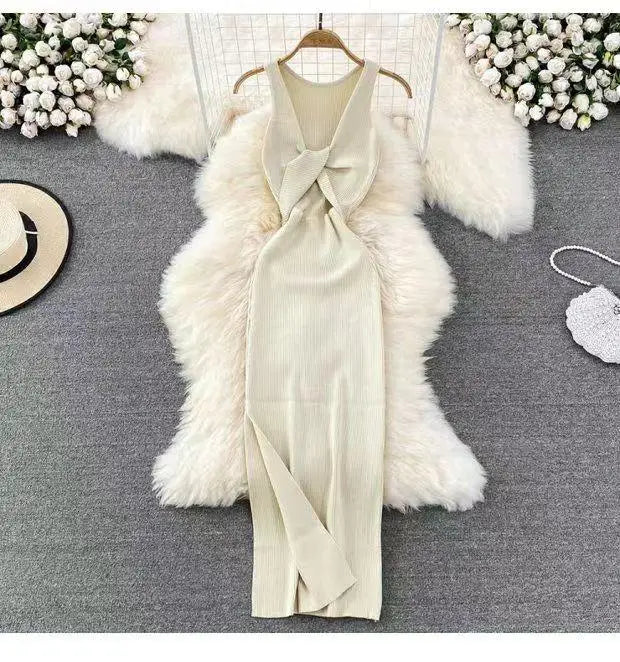 Fashion Women's Solid V Neck Elegant Sexy Club Slim Vest Long Dress Summer Vacation Backless Sleeveless Split Knitted Dress Chic