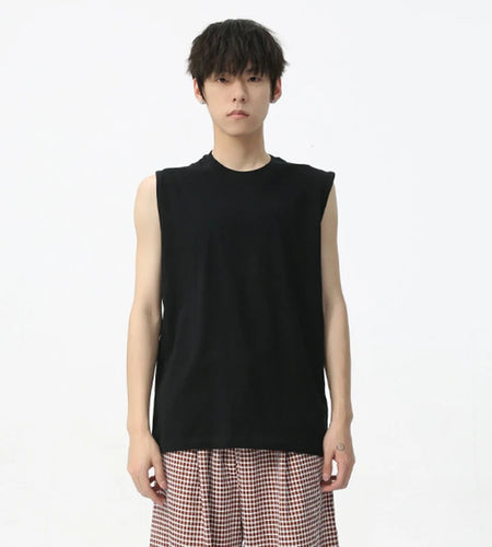 Men's Sleeveless Vest Sports Shoulder Round Neck Contrasted Design Korean Style Solid Color Casual Male Tank Top 9C5717