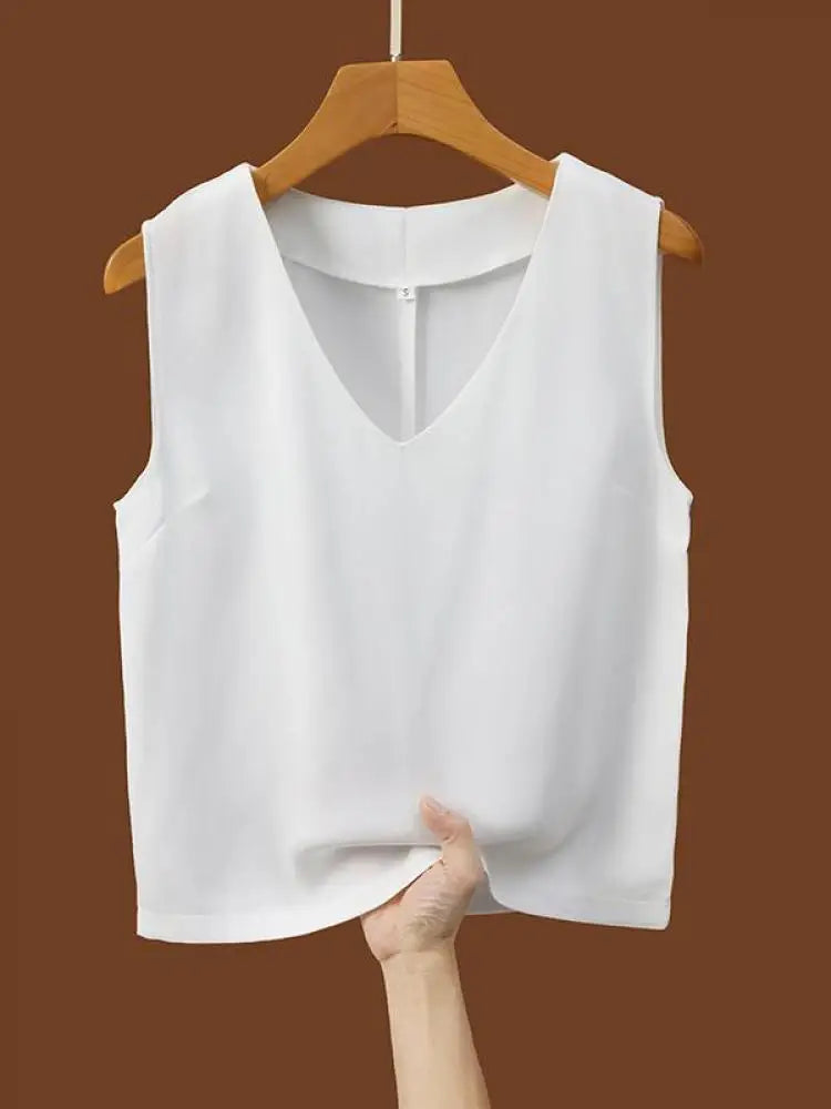 Women Summer Black White Festival Tank Tops Casual Brown Beige Lady V-neck Sleeveless Versatile Short Vest Clothing Simplicity