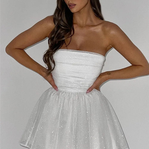 Load image into Gallery viewer, Mesh Strapless Sparkle Sexy Mini Dress For Women Fashion Backless Bow Pleated Dresses Femme Club Party Dress Elegant
