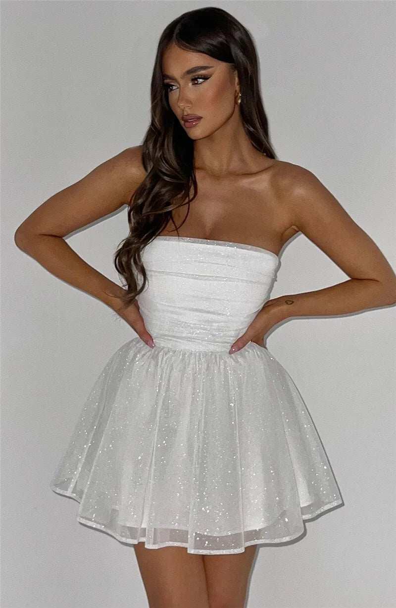 Mesh Strapless Sparkle Sexy Mini Dress For Women Fashion Backless Bow Pleated Dresses Femme Club Party Dress Elegant