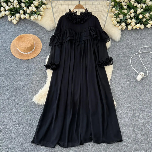 Load image into Gallery viewer, French 2024 Autumn New Solid Elegant Ruffle Edge Neck Long Sleeves Dress Women Vintage Loose Vacation Pleated Dress Popular Chic
