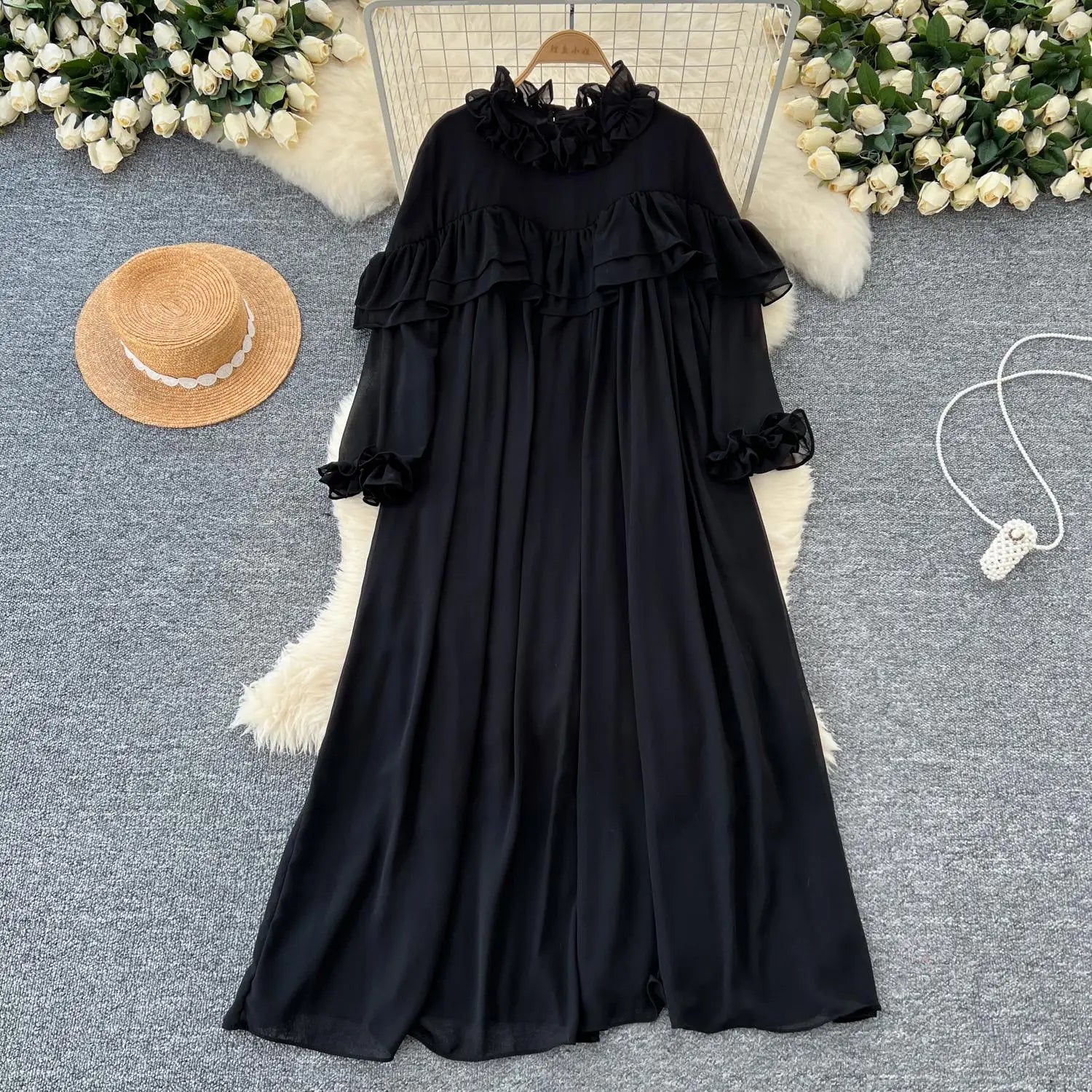 French 2024 Autumn New Solid Elegant Ruffle Edge Neck Long Sleeves Dress Women Vintage Loose Vacation Pleated Dress Popular Chic