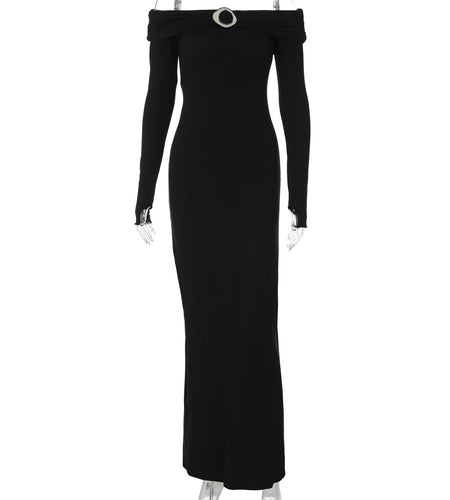 Slash Neck Black Long Sleeve Patchwork Draped Elegant Sexy Bodycon Maxi Dress Winter Women Y2K Outfits Party Festival