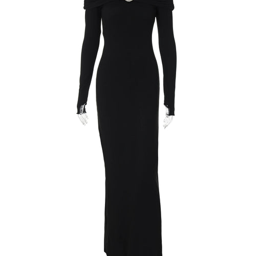 Load image into Gallery viewer, Slash Neck Black Long Sleeve Patchwork Draped Elegant Sexy Bodycon Maxi Dress Winter Women Y2K Outfits Party Festival
