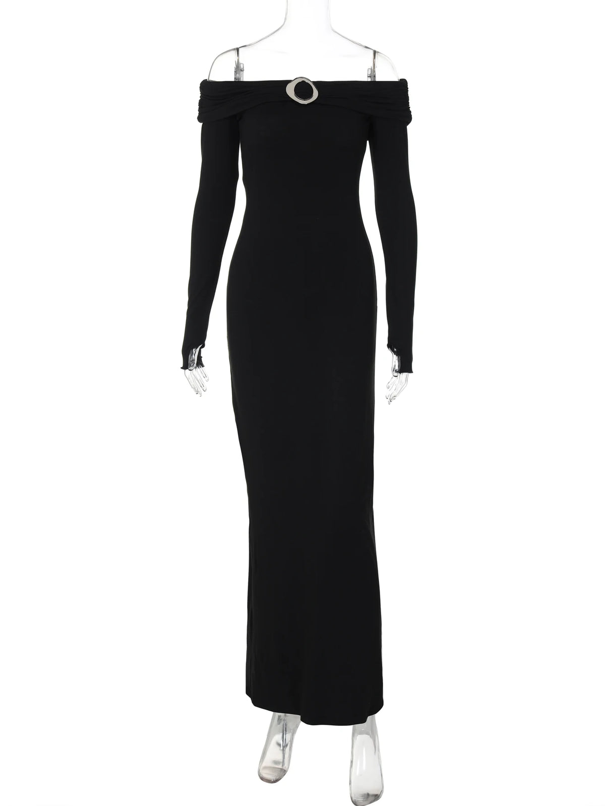 Slash Neck Black Long Sleeve Patchwork Draped Elegant Sexy Bodycon Maxi Dress Winter Women Y2K Outfits Party Festival