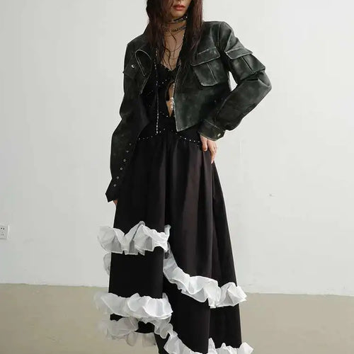 Load image into Gallery viewer, PU Leather Green Pocket Vintage Short Jacket New Stand Collar Long Sleeve Women Coat Fashion Spring Autumn 2025 1DH7220
